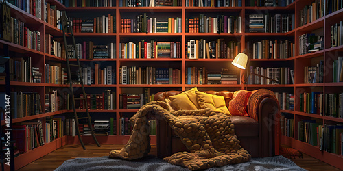 Cozy Reading Nook: A snug corner with comfortable seating, a warm blanket, and dim lighting, surrounded by bookshelves overflowing with literary classics and favorite reads photo