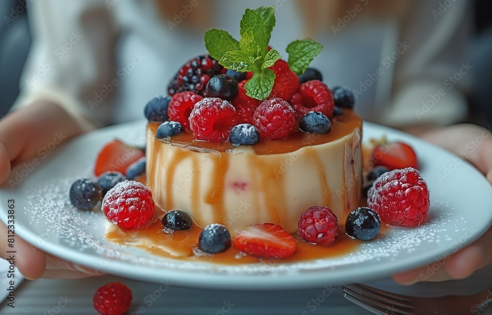 Hands of a woman eating dessert berries in a cafe close-up. Woman consuming mousse made with caramel Hands of a woman eating dessert berries in a cafe close-up. Woman consuming mousse made with caramel