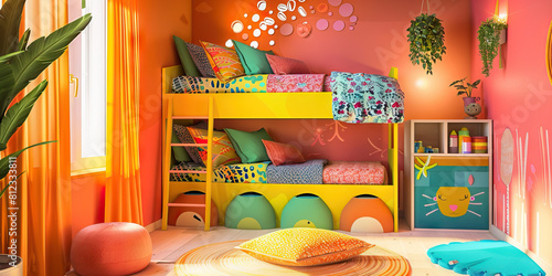 Vibrant Children's Room: A cheerful haven filled with bright colors and playful patterns, featuring a bunk bed with storage, colorful pillows, and fun wall decals to inspire imagination.