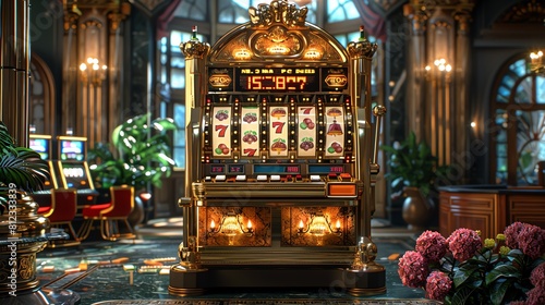 A classic 3D slot machine with a royal gold frame and motherofpearl buttons, set in an exclusive casino lounge photo