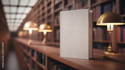 Mockup of a hardcover book with a blank cover on a blur library background photo