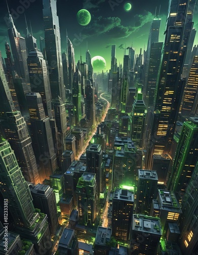 A fantastical city with tall buildings and a green moon and other green lights and orbs.  photo