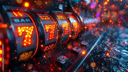 A colorful 3D render of a slot machine jackpot notification flashing, surrounded by digital effects and colorful bursts