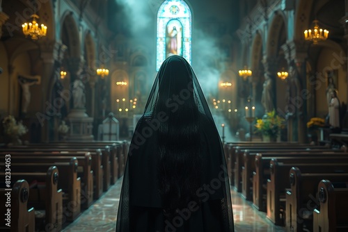 Rear View of Nun in Church Setting photo