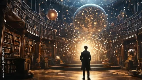 Magical orbs surrounding a man in a mystical library. Dreamlike bookshelves and illuminated knowledge. Concept of learning, magical academia, intellectual fantasy, and world of books. Motion. photo