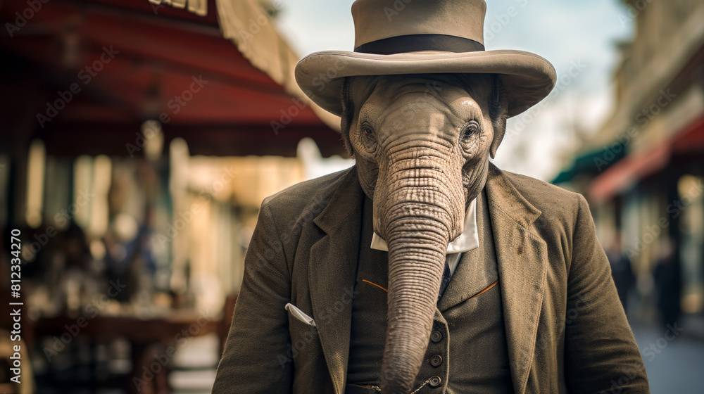 dignified elephant in a tailored three-piece suit, complete with a bowler hat and a monocle.