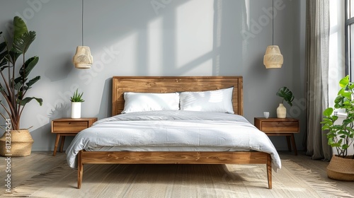 The bed is made of wood and has a natural finish,bedroom with bed