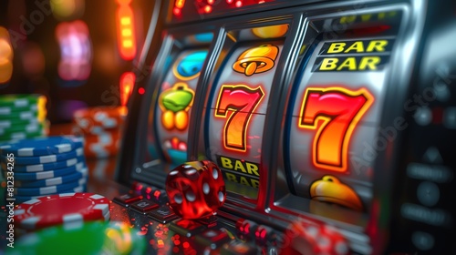 A detailed 3D render of a smartphone with a slot machine game showing three jackpot symbols and colorful graphics
