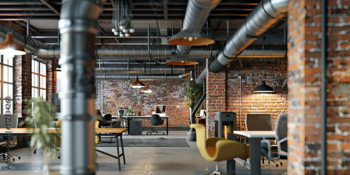 Industrial Office: An open concept work area with exposed brick walls and pipes, complemented by modern furniture and industrial lighting, fostering creativity and productivity.
