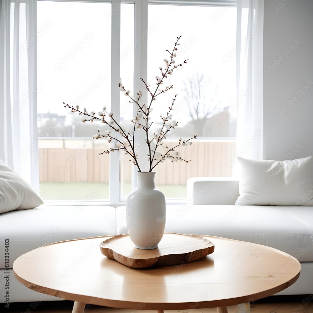 Vase with blossom twig on wooden coffee table near white sofa with pillows against window. Minimalist scandinavian home interior design of modern living room. Vase with blossom twig on wooden coffee table near white sofa with pillows against window. Minimalist scandinavian home interior design of modern living room.