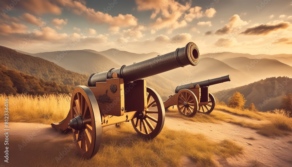 Lined cannon, battle, ancient, old, antique, evening, iron, gunpowder, illustration