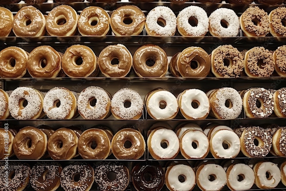 Rows of Donuts Displayed on Shelves in Store. Generative AI Rows of Donuts Displayed on Shelves in Store. Generative AI
