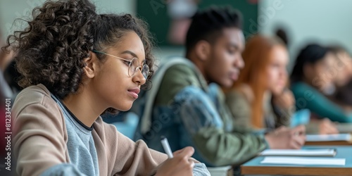 A diverse group of students is focused on taking notes in a lecture hall setting, depicting higher education