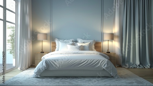 The bed is made with white linens and has a white duvet photo