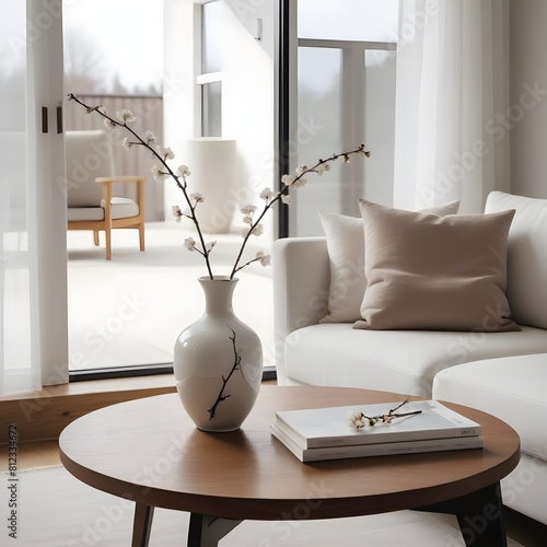 Vase with blossom twig on wooden coffee table near white sofa with pillows against window. Minimalist scandinavian home interior design of modern living room. photo