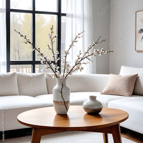 Vase with blossom twig on wooden coffee table near white sofa with pillows against window. Minimalist scandinavian home interior design of modern living room. photo