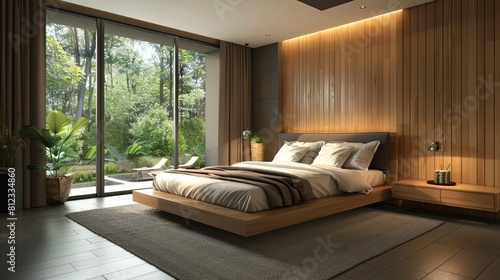 bedroom with a large bed, a sitting area, and a view of the outdoors. The room is decorated in warm colors and has a modern feel. © admin_design