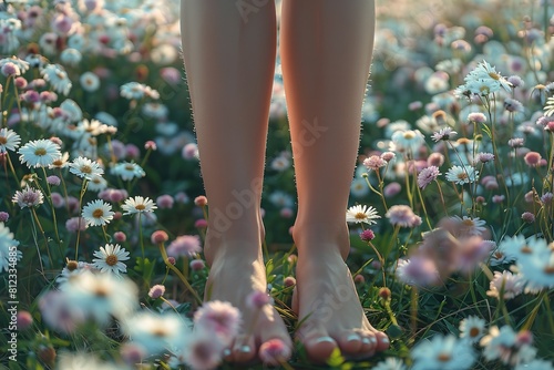 Girl Resting with Legs Stretched Out on a Meadow Amid Spring Blossoms photo