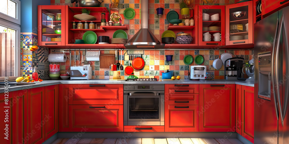 Bold Kitchen: A chef's dream come true, with bright red cabinets, sleek stainless steel appliances, and colorful dishes adorning the walls, making a statement in any home Bold Kitchen: A chef's dream come true, with bright red cabinets, sleek stainless steel appliances, and colorful dishes adorning the walls, making a statement in any home