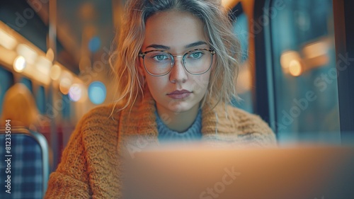 Working from home, trendy freelancer glancing at a laptop screen. Unofficial female typing photo