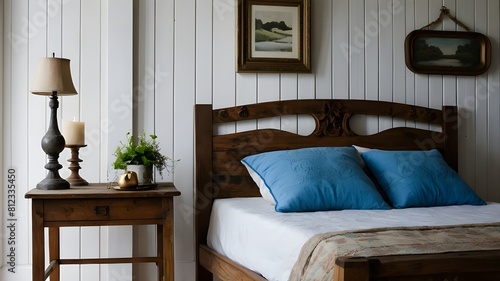 Nestled within the heart of a countryside cottage, a weathered wooden bed with azure pillows invites weary souls to rest
