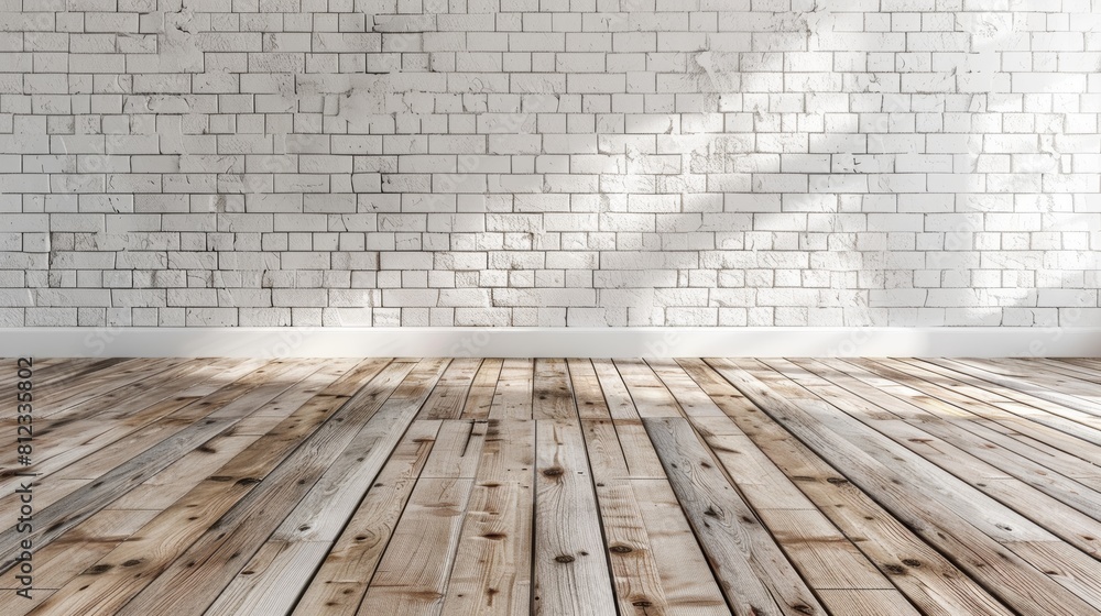 Fototapeta premium The image is a digitally generated photo of an empty room with a brick wall and wooden floor