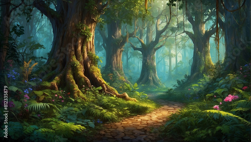  dense forest with large trees and a path leading through photo