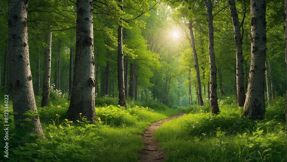Fototapeta premium lush green forest with tall trees and bright green grass