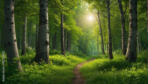  lush green forest with tall trees and bright green grass