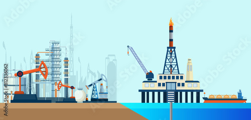 Gas and oil industry extraction platform background with offshore extracting pump tower station and rig drilling platform. Vector illustration eps10