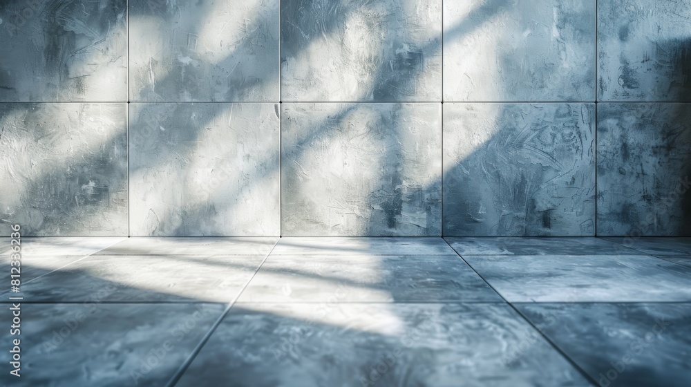The image shows a concrete room with a tiled floor and walls The image shows a concrete room with a tiled floor and walls
