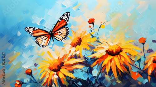 Flower with a butterfly in a post impressionist style abstract decorative painting