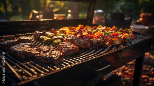 Realistic grilled barbeque with melted barbeque sauce and cut vegetables  black and blur background