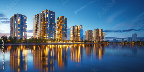 Topaz Tower Tall, golden buildings stand out against the deep blue sky, their reflections dancing in the river below.