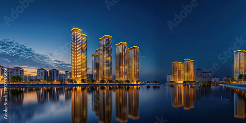 Topaz Tower Tall, golden buildings stand out against the deep blue sky, their reflections dancing in the river below.