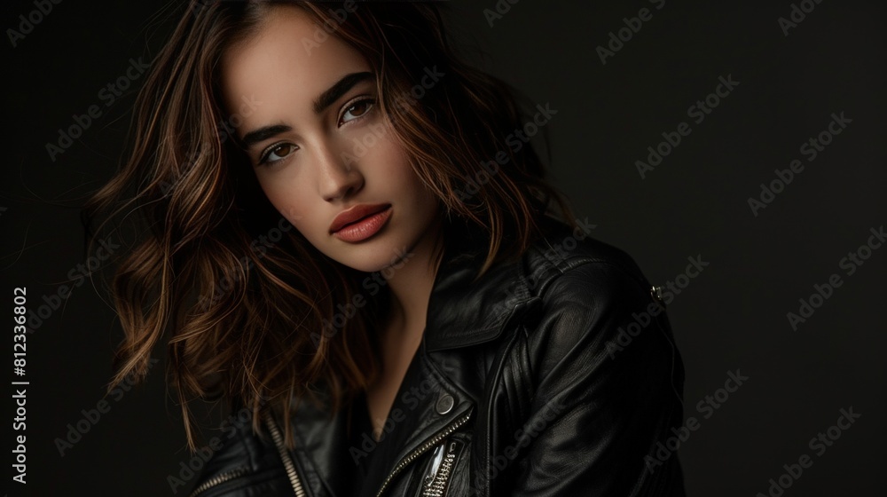 A beautiful woman with wavy brown hair posing on a dark background. A beautiful woman with wavy brown hair posing on a dark background.