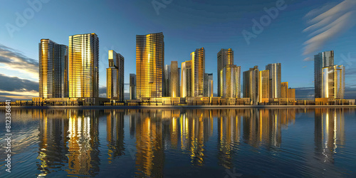 Topaz Tower Tall  golden buildings stand out against the deep blue sky  their reflections dancing in the river below.