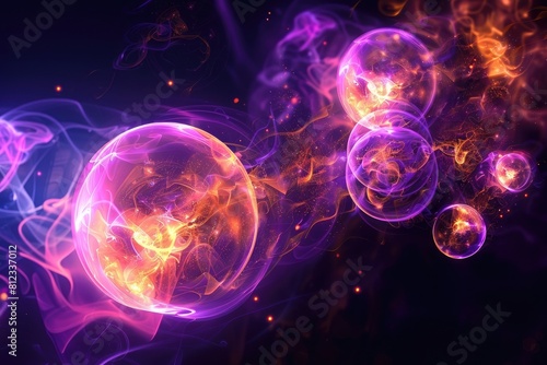 A set of glowing abstract shapes in the form of spheres on a black background,