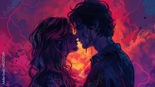Digital illustration of a romantic moment between two figures surrounded by eerie zombie silhouettes in an abstract style.