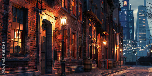 Ruby Red Metropolis  Brick buildings  lit by old-fashioned gas lamps  cast a warm  cozy glow over the cobblestone streets  while modern skyscrapers loom in the distance.