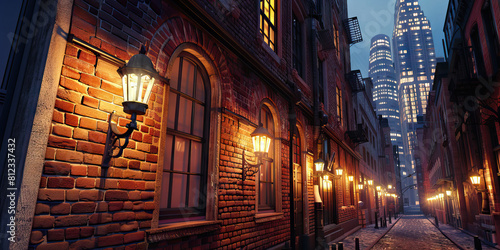 Ruby Red Metropolis  Brick buildings  lit by old-fashioned gas lamps  cast a warm  cozy glow over the cobblestone streets  while modern skyscrapers loom in the distance.