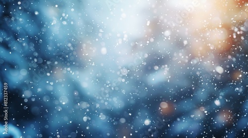 The photo shows a beautiful winter scene with snowflakes falling against a blurred background of trees