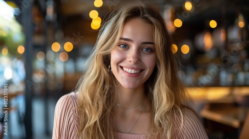 Horizontal waist up portrait of a joyous young woman looking at the camera in a restaurant with copy