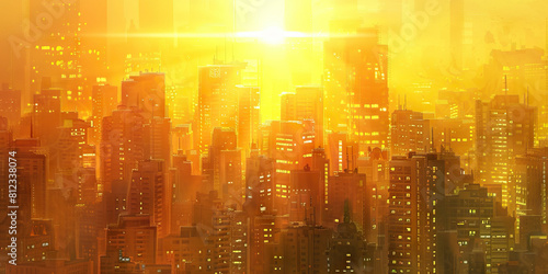 Amber Canvas: The setting sun paints the buildings in hues of amber, yellow, and orange, creating a soft glow that blankets the city