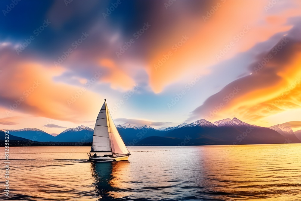 Panoramic view of Sailing at sunset with mountains
