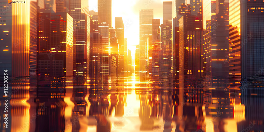 Golden Hour Reflections: The sun dipping below the horizon, casting warm light onto the rows of skyscrapers, creating a mirror-like reflection in the river below