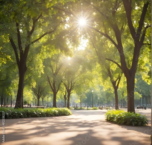Blurred background of beautiful city park with lush trees and sunlight photo