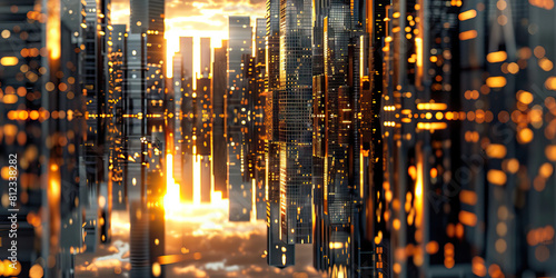 Golden Hour Reflections: The sun dipping below the horizon, casting warm light onto the rows of skyscrapers, creating a mirror-like reflection in the river below photo