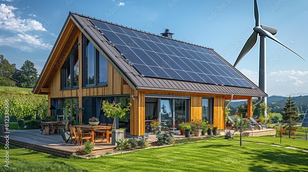 Imagine a home with a fully integrated renewable energy system, including rooftop solar panels and a backyard wind turbine Imagine a home with a fully integrated renewable energy system, including rooftop solar panels and a backyard wind turbine