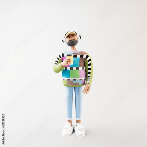 Man listening to music and holding a coffee cup.3d illustration.